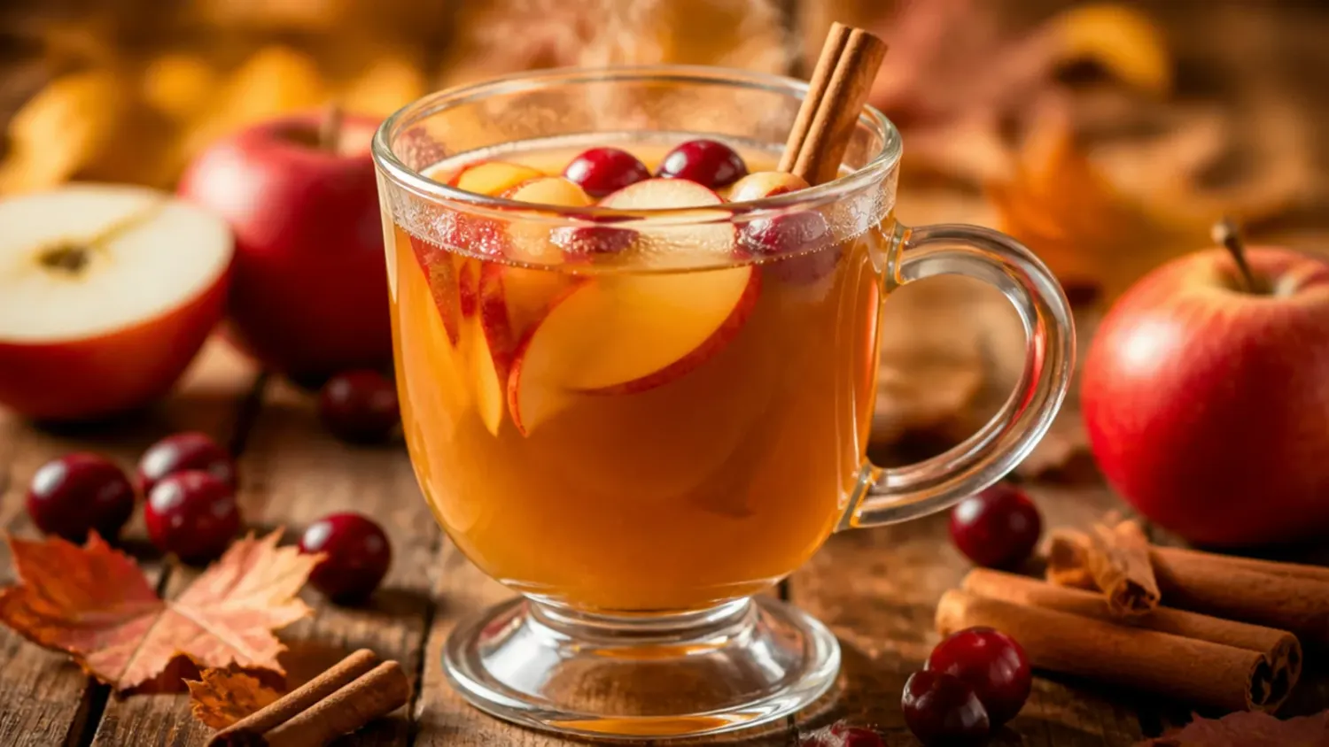 A glass pitcher of sparkling cranberry apple punch surrounded by orange slices, cinnamon sticks and small glasses for kids at a Thanksgiving table