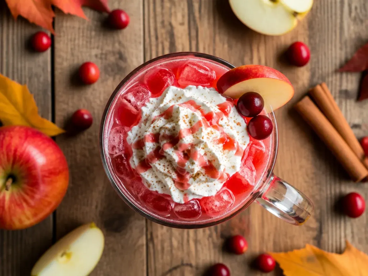 Iced cranberry apple refresher in a tall glass with ice cubes and an orange twist