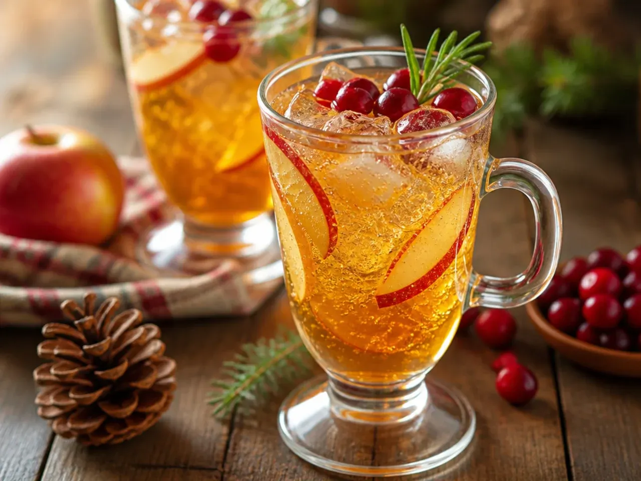 Punch bowl of classic sparkling apple cider punch with floating apple slices