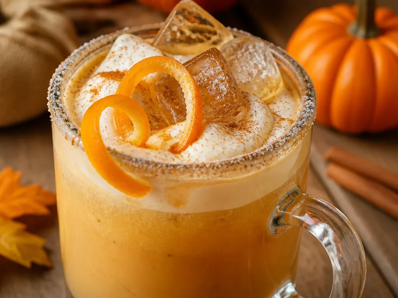 Frothy pumpkin spice steamer in a clear glass mug topped with cinnamon