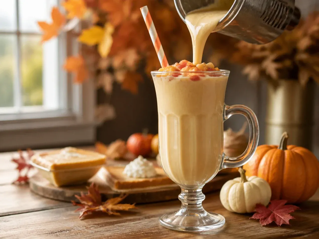 Creamy pumpkin pie milkshake in a glass topped with whipped cream and crushed gingersnaps