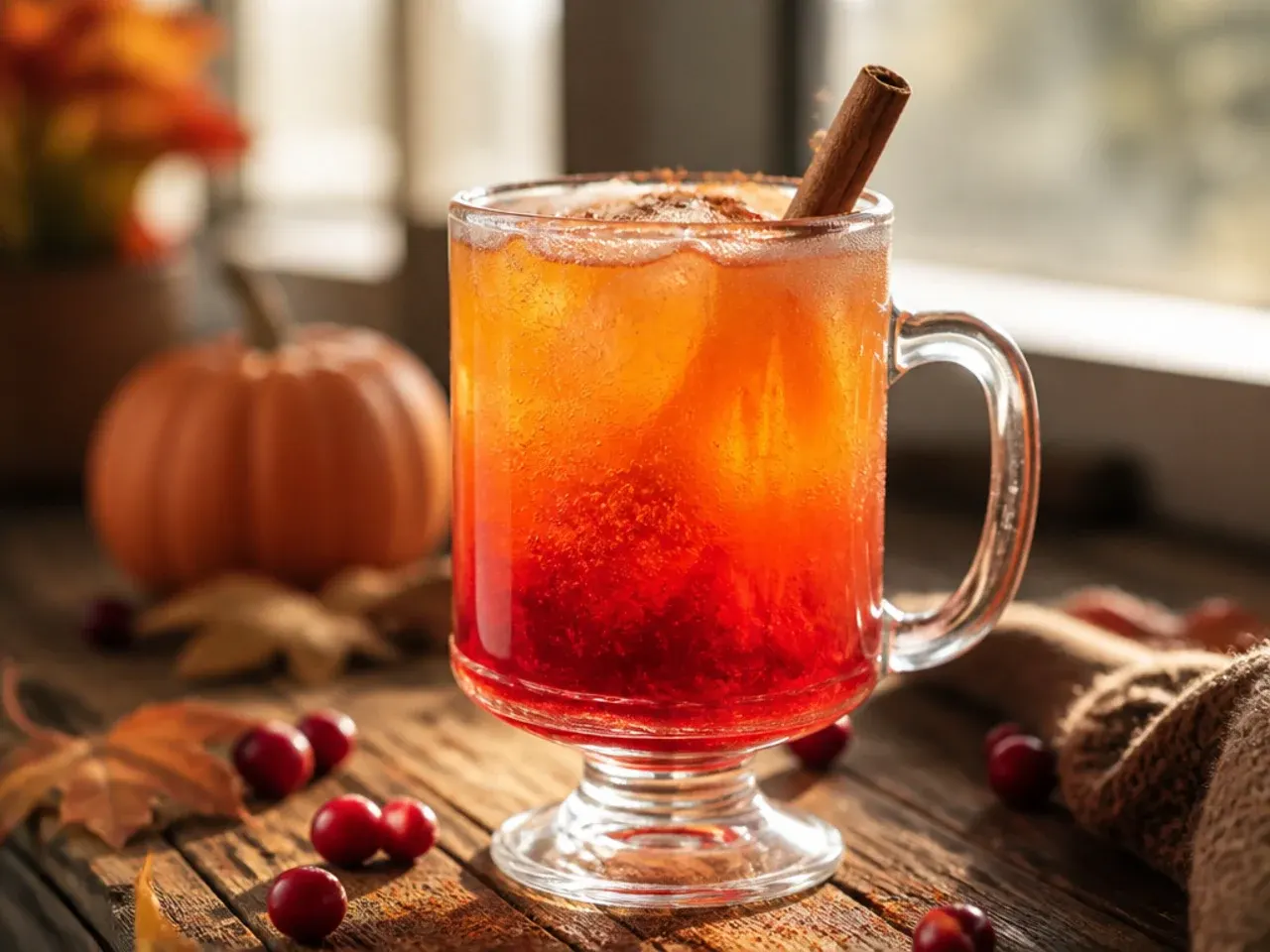 Refreshing orange cranberry fizz garnished with a cranberry and orange skewer