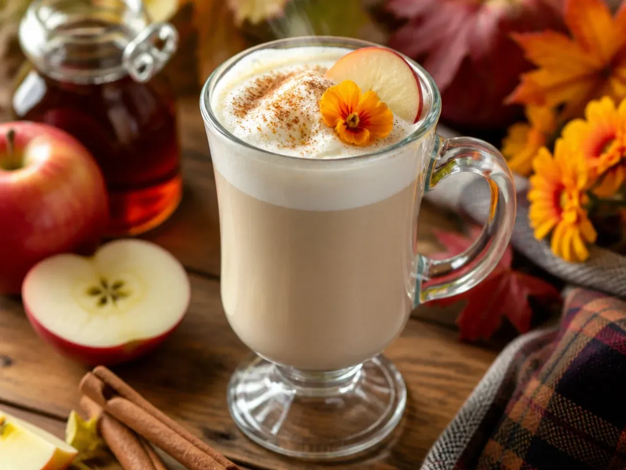 Mug of cozy maple cinnamon steamed milk with a cinnamon stick stirrer