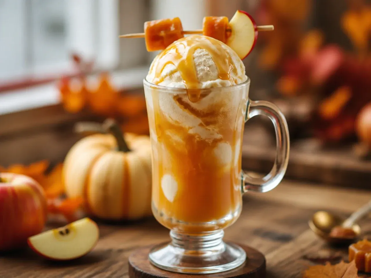 Sweet caramel apple cider float with a scoop of melting vanilla ice cream
