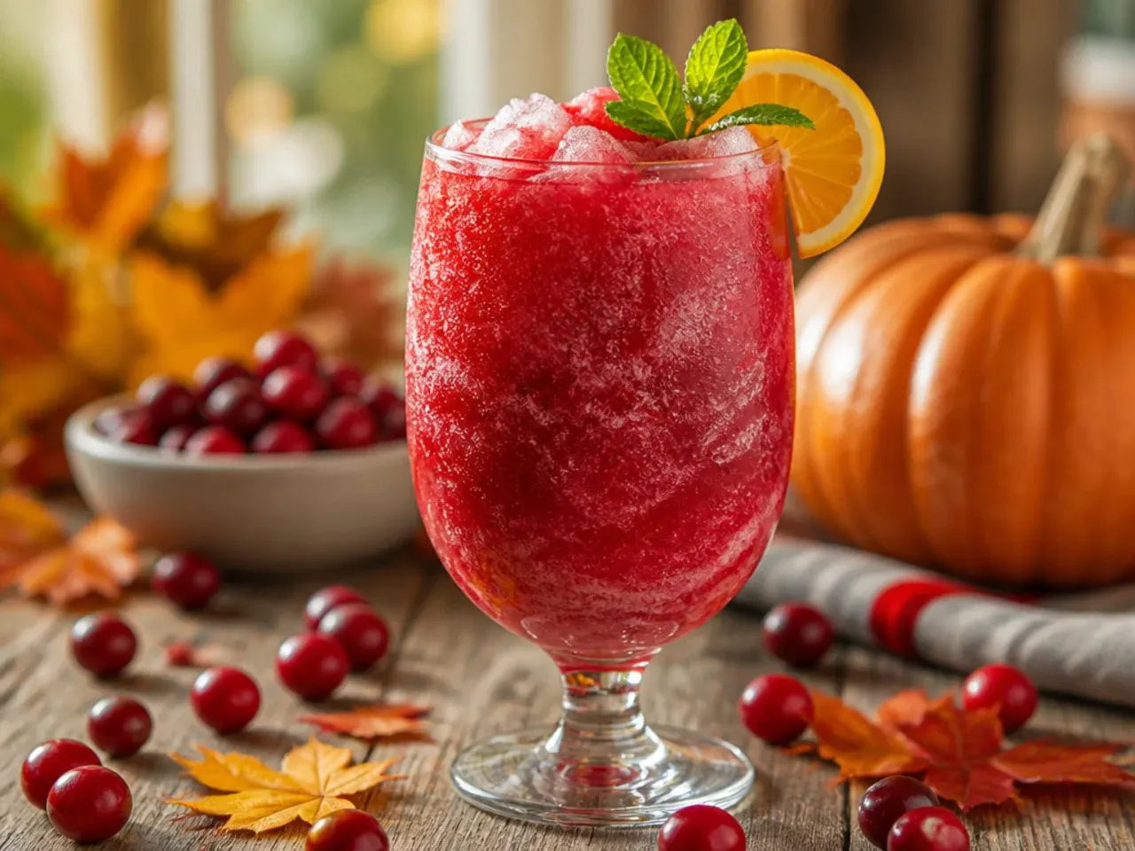 Bright red frozen cranberry slushie in a cup with a wide straw