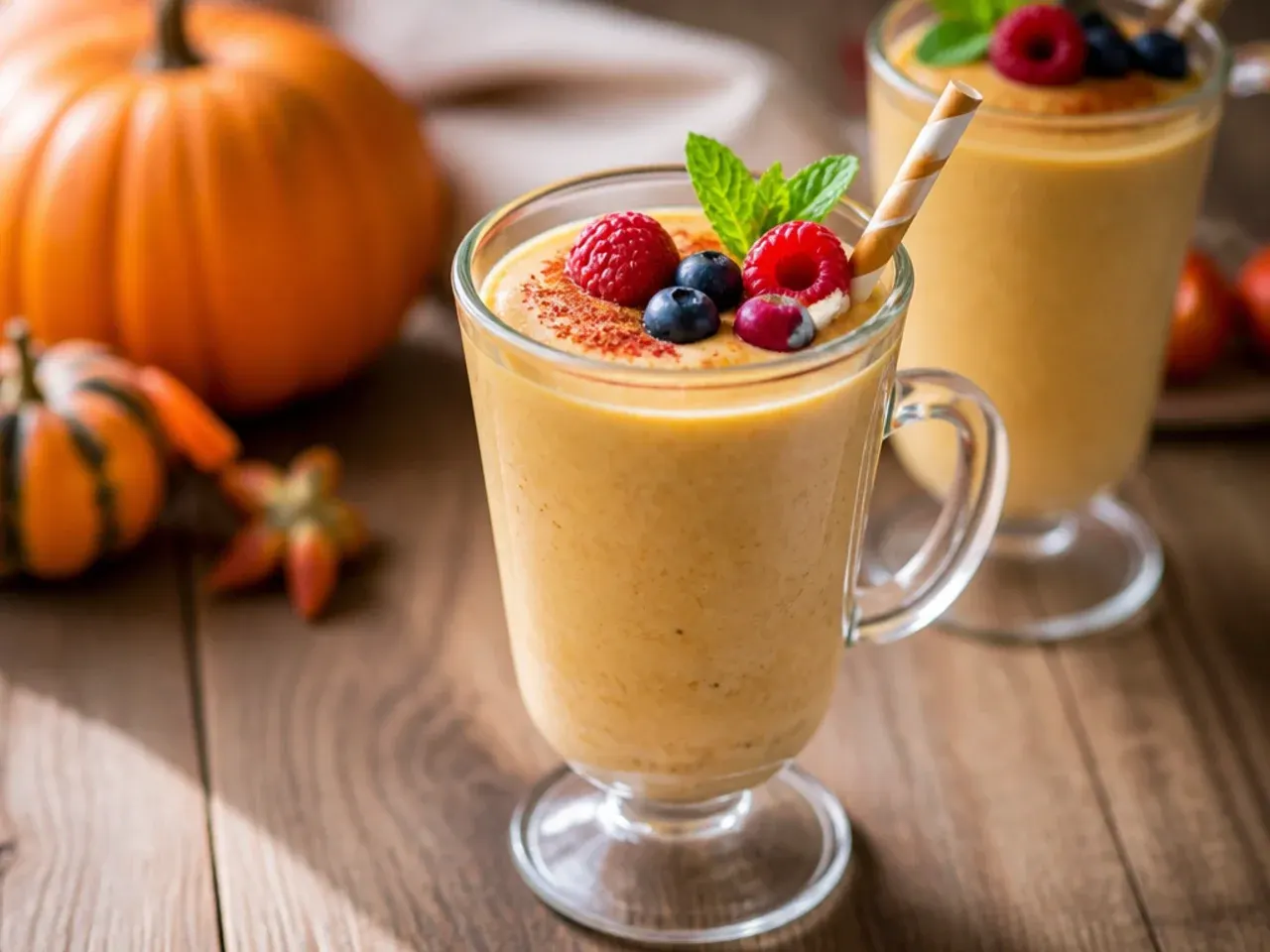 Blended vanilla pumpkin smoothie in a glass with a pumpkin spice rim