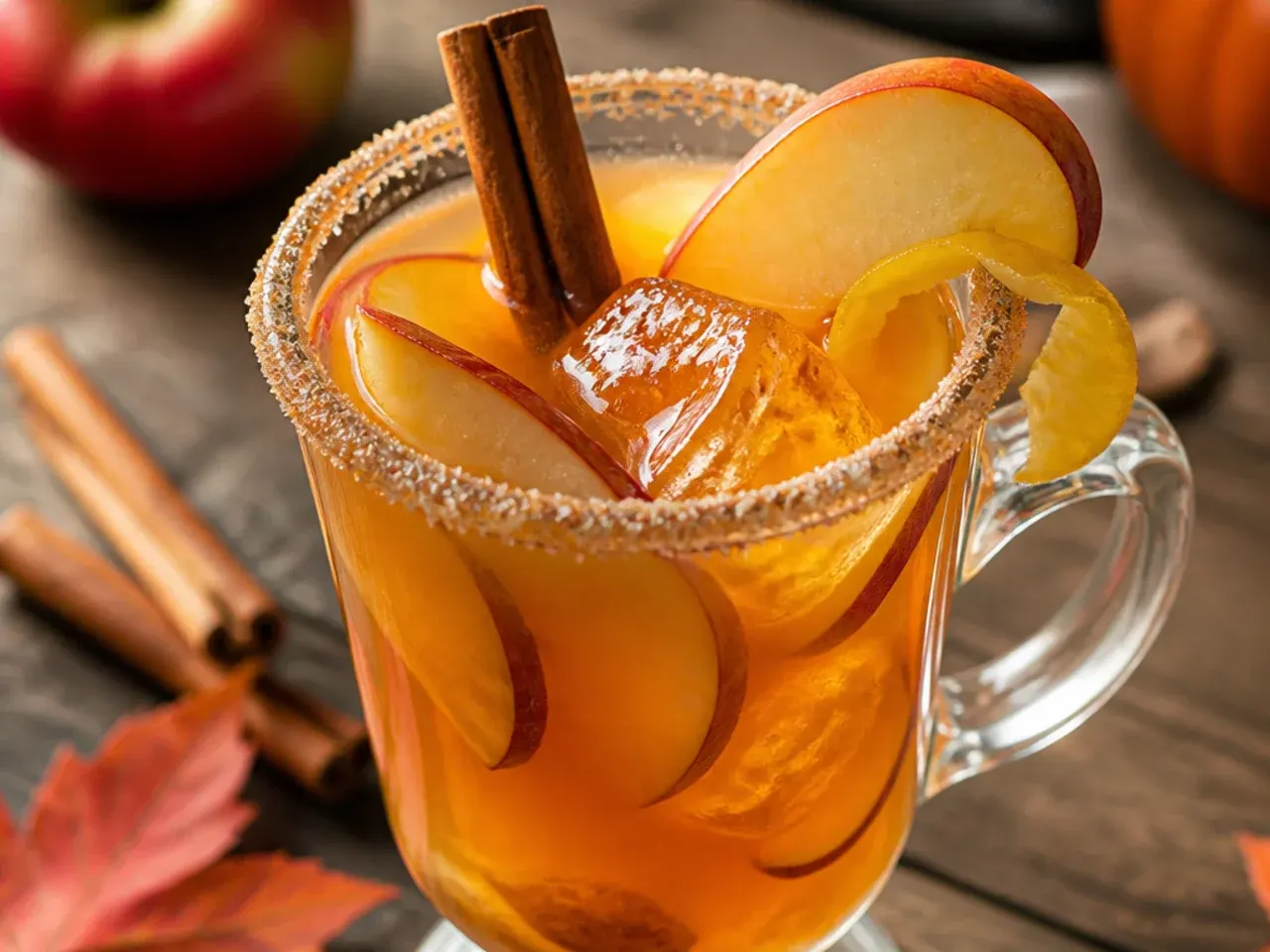 Mug of spiced mulled apple cider with a cinnamon stick and orange slice garnish