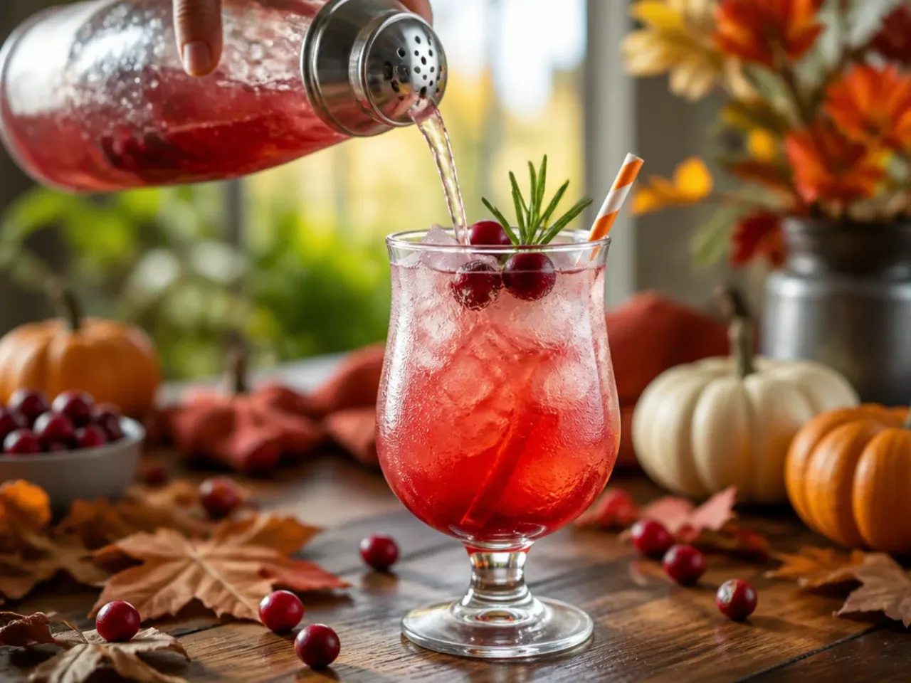 Festive cranberry ginger ale mocktail with floating fresh cranberries