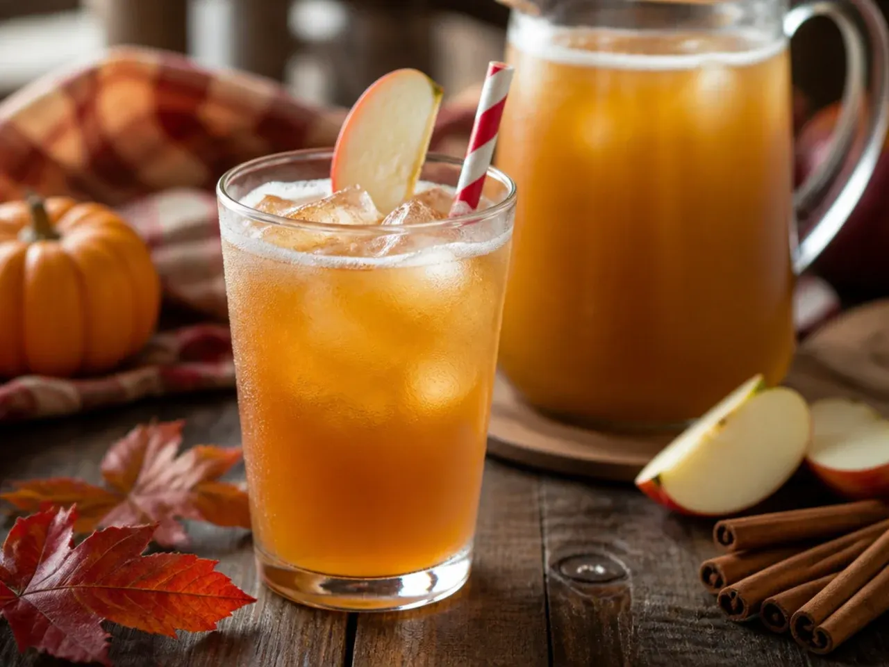 Slow cooker of mulled apple cider on a warm setting next to pre-batched juice pitchers
