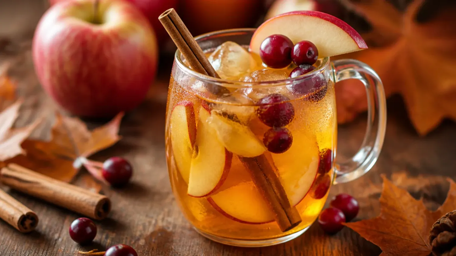 A glass punch bowl filled with spiced apple cranberry bourbon punch, garnished with orange slices, fresh cranberries, and cinnamon sticks, with two filled glasses beside it on a Thanksgiving table.