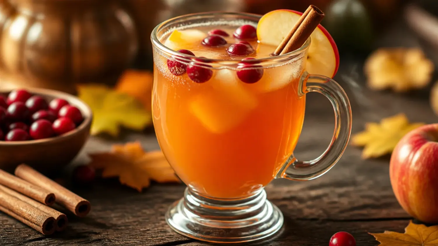 A holiday table spread of colourful thanksgiving mixed drinks in glasses, garnished with orange wheels, cranberries and cinnamon sticks