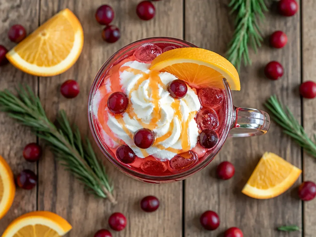 Iced cranberry orange cooler in a tall glass with an orange wheel garnish