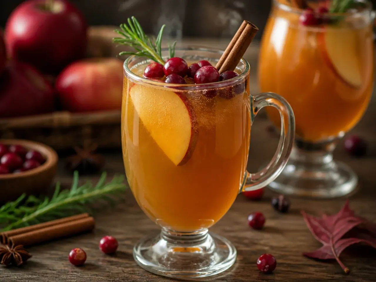 Mug of classic spiced apple cider mocktail with a cinnamon stick garnish