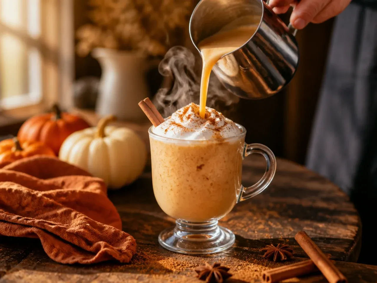 Creamy pumpkin spice steamer in a glass mug with milk foam and a dusting of spice