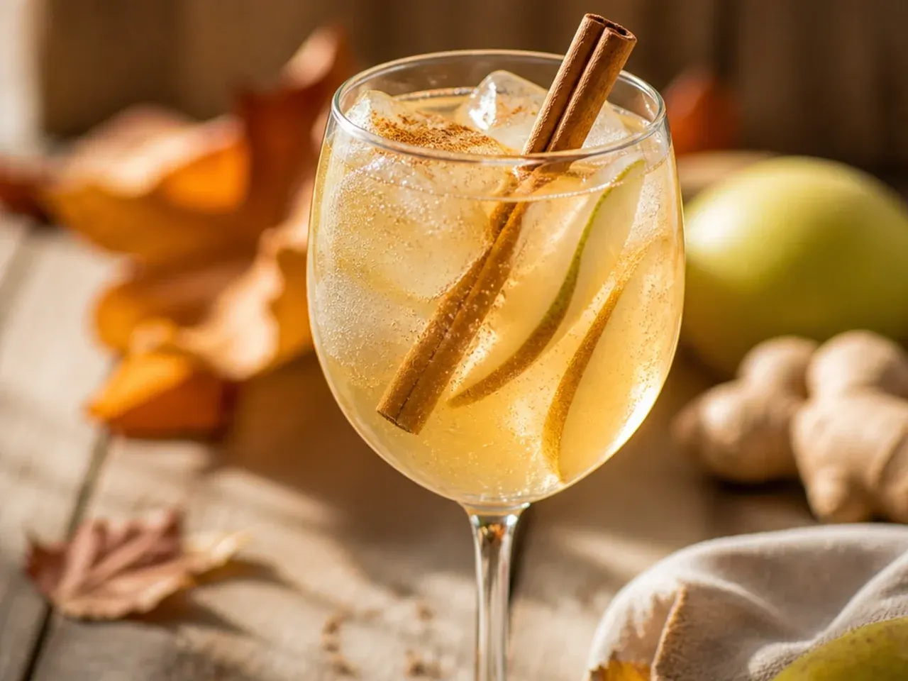 Refreshing pear ginger spritzer in a highball glass with a fresh ginger slice garnish