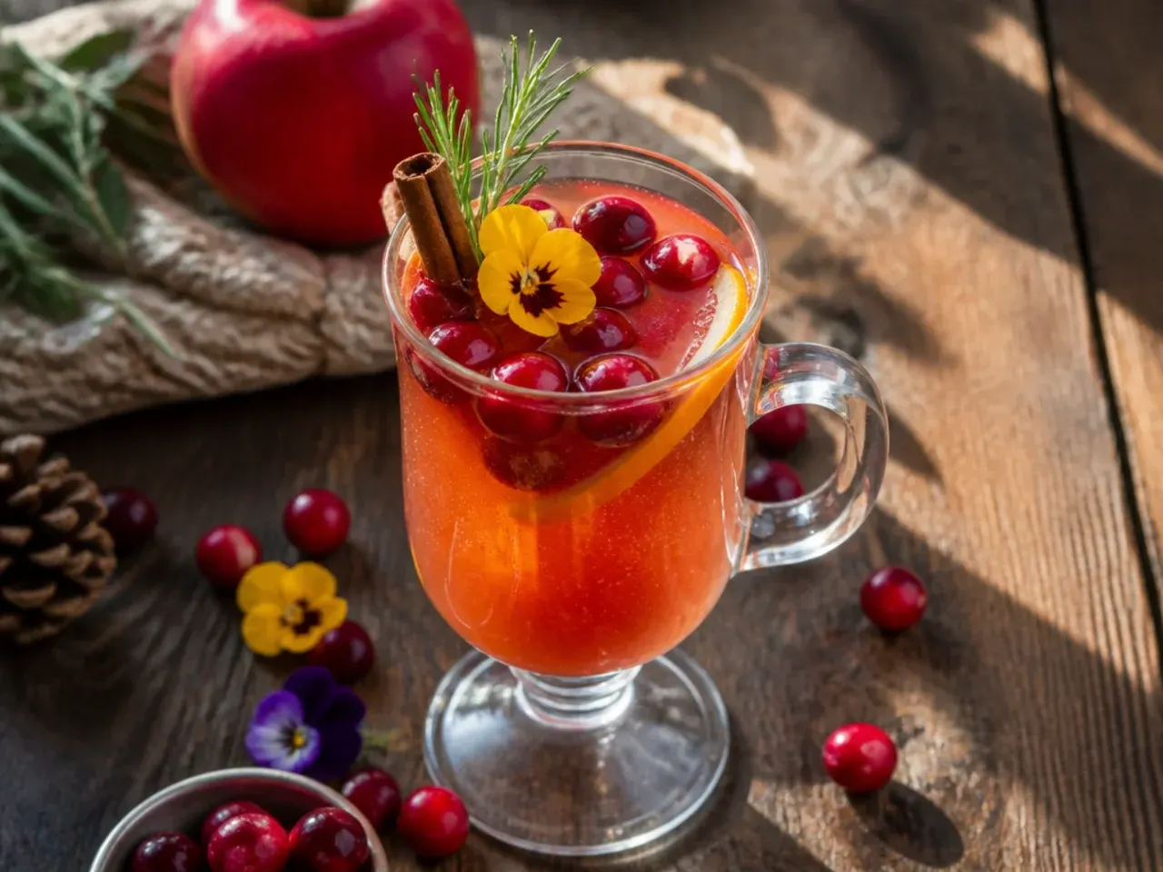 Mulled cranberry cider simmering in a pot with cinnamon sticks and orange peel