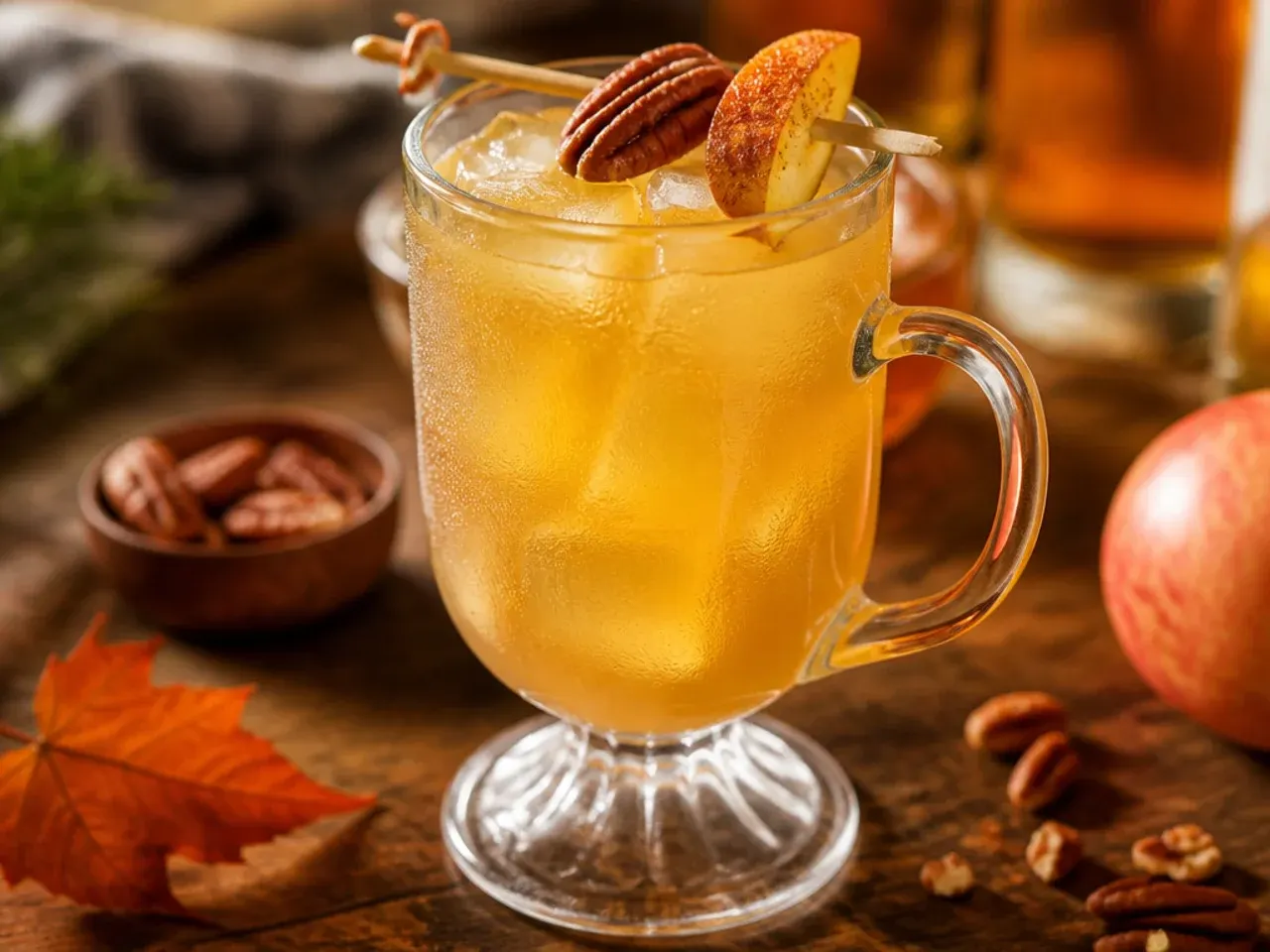 Sweet maple pecan fizz in a glass with a crushed pecan sugar rim