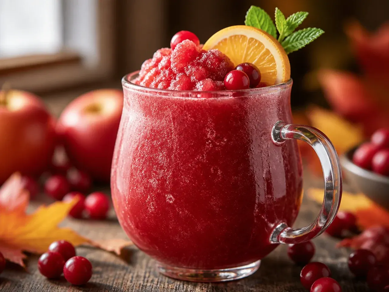 Frozen cranberry apple slushie in a glass with a straw and frosted rim