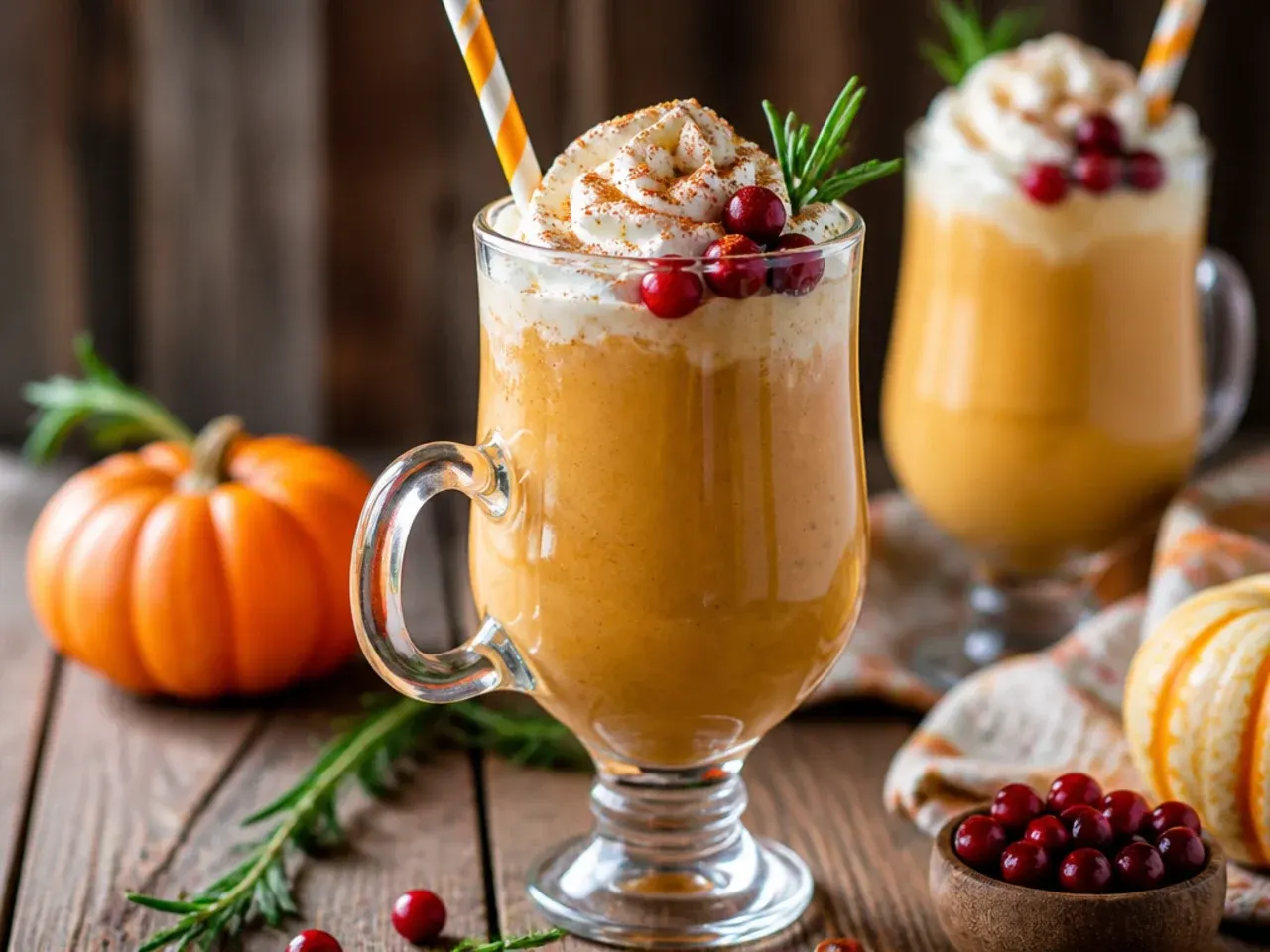 Blended pumpkin pie smoothie mocktail in a short glass topped with spice