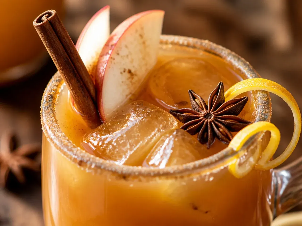 Spiced chai apple cider in a clear glass mug with a chai tea bag string draped over the side