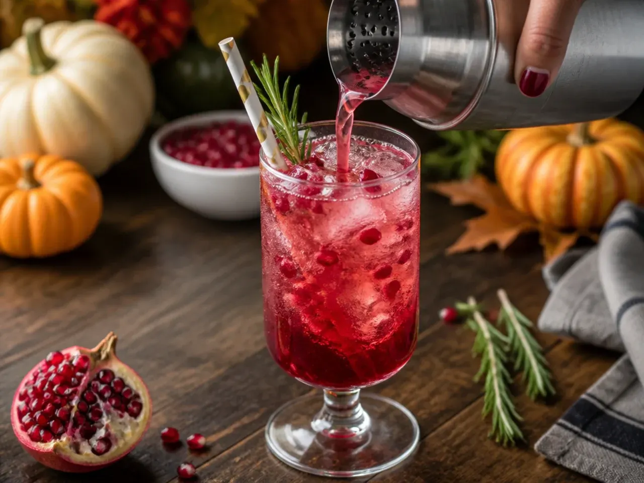 Festive pomegranate fizz in a coupe glass with floating pomegranate seeds