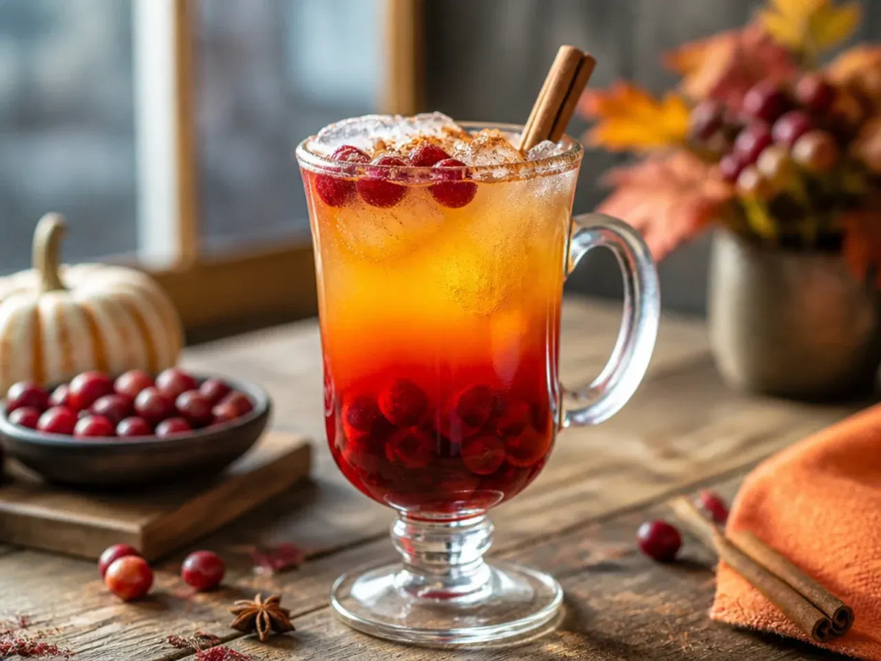 Layered cranberry sunset mocktail showing a red to orange gradient in a tall glass