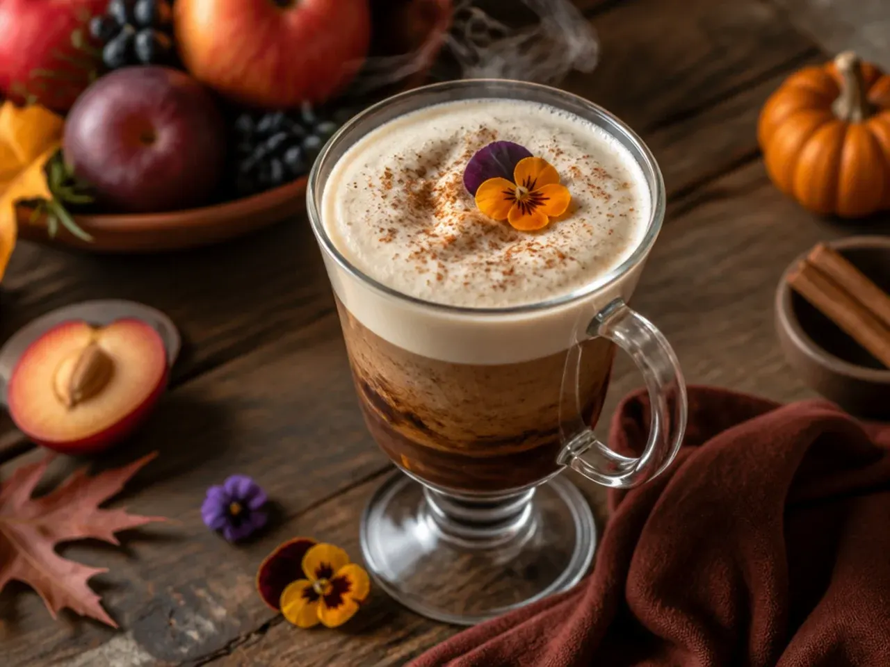 Bold espresso maple steamer in a glass mug with a dusting of cinnamon on the foam