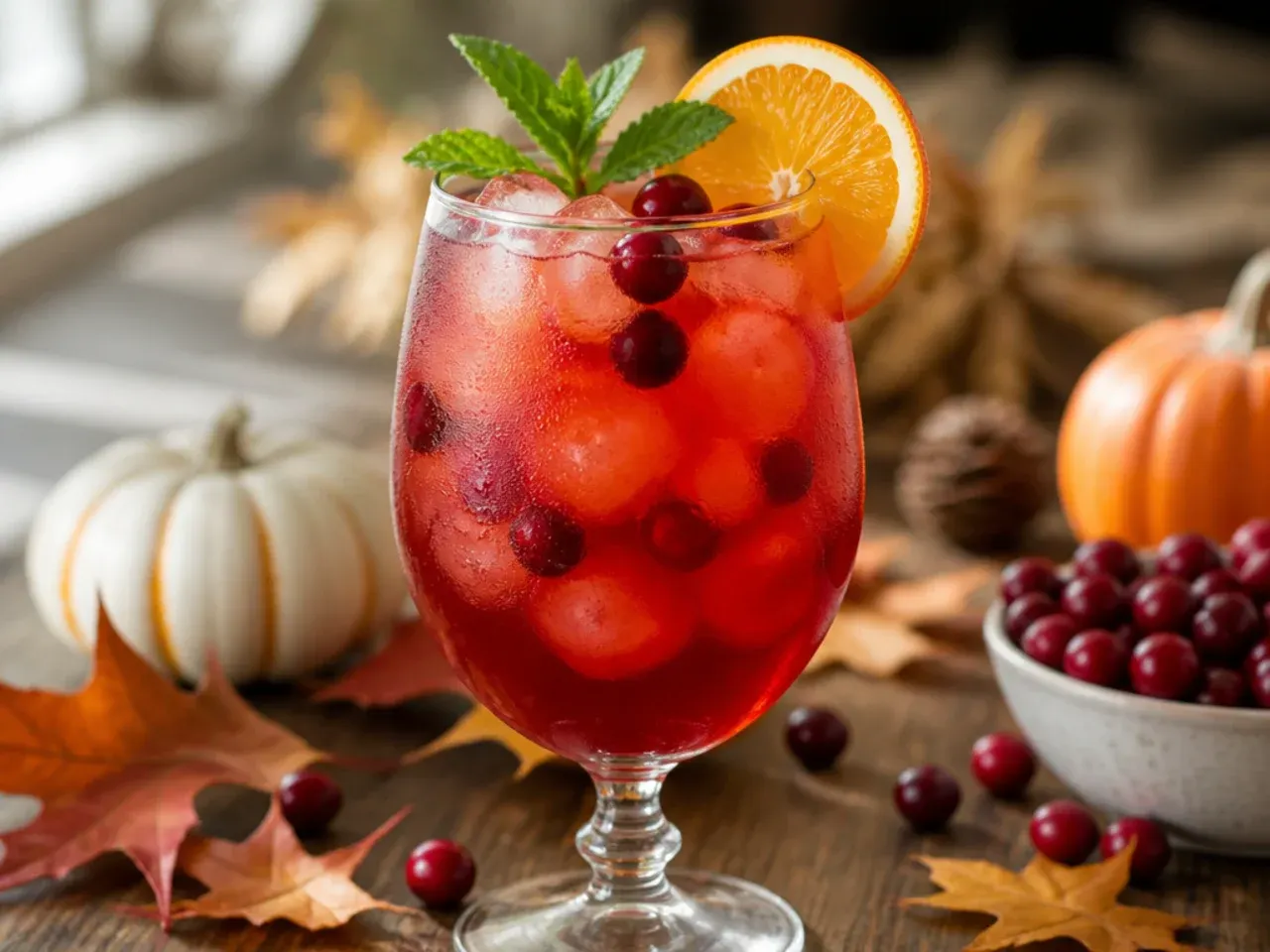 Iced citrus cranberry tea in a pitcher with orange slices and ice