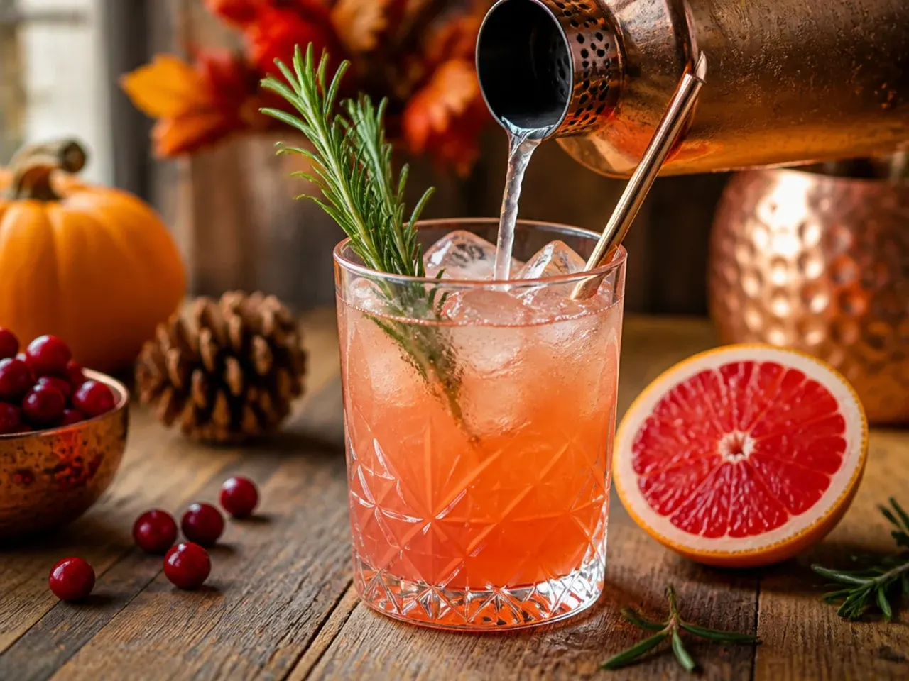 Refreshing rosemary grapefruit cooler in a glass with a bruised rosemary sprig garnish