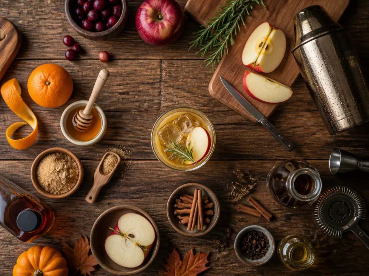 Bartending tools and garnishes laid out for building thanksgiving mixed drinks