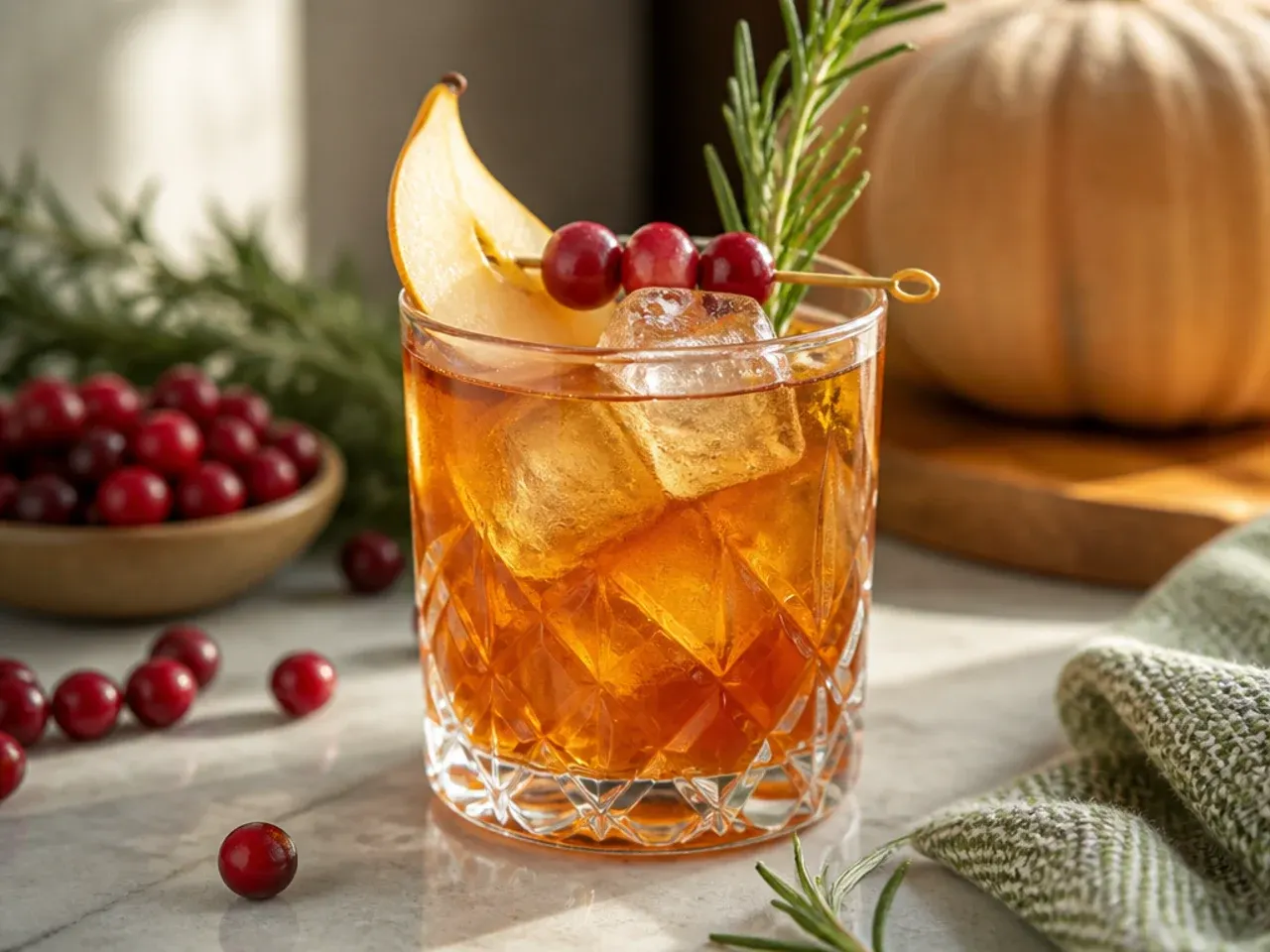 Small bowls of garnishes including cranberries, orange wheels and cinnamon sticks next to a drinks station