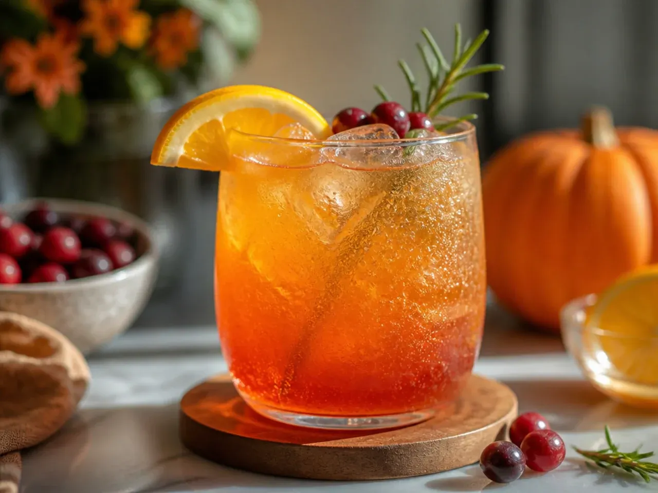 A table spread of colourful thanksgiving mocktail drinks in glasses garnished with cranberries and cinnamon sticks