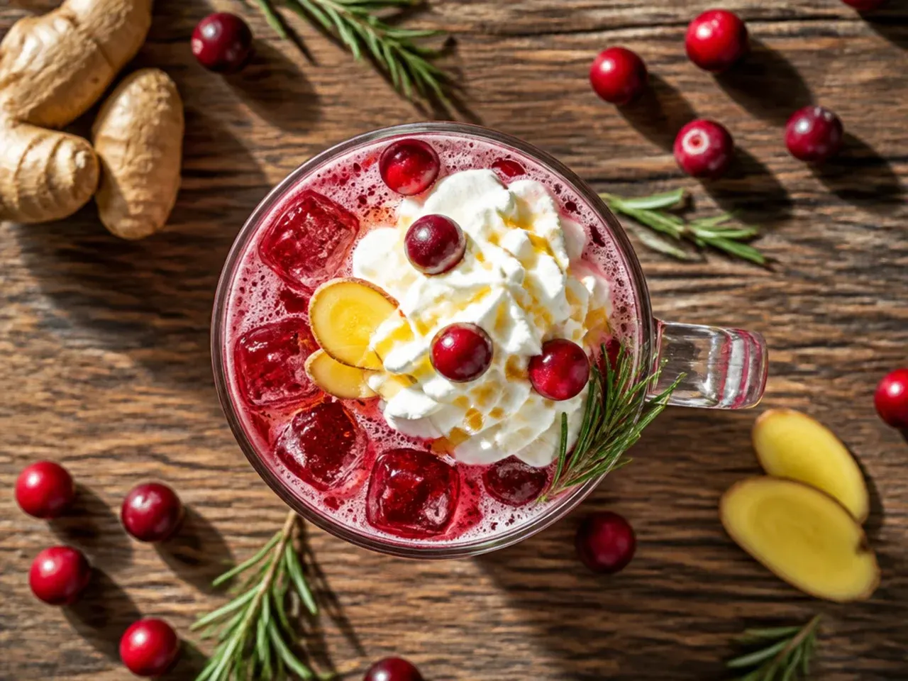 Iced cranberry ginger fizz mocktail with fresh cranberries and lime in a tall glass