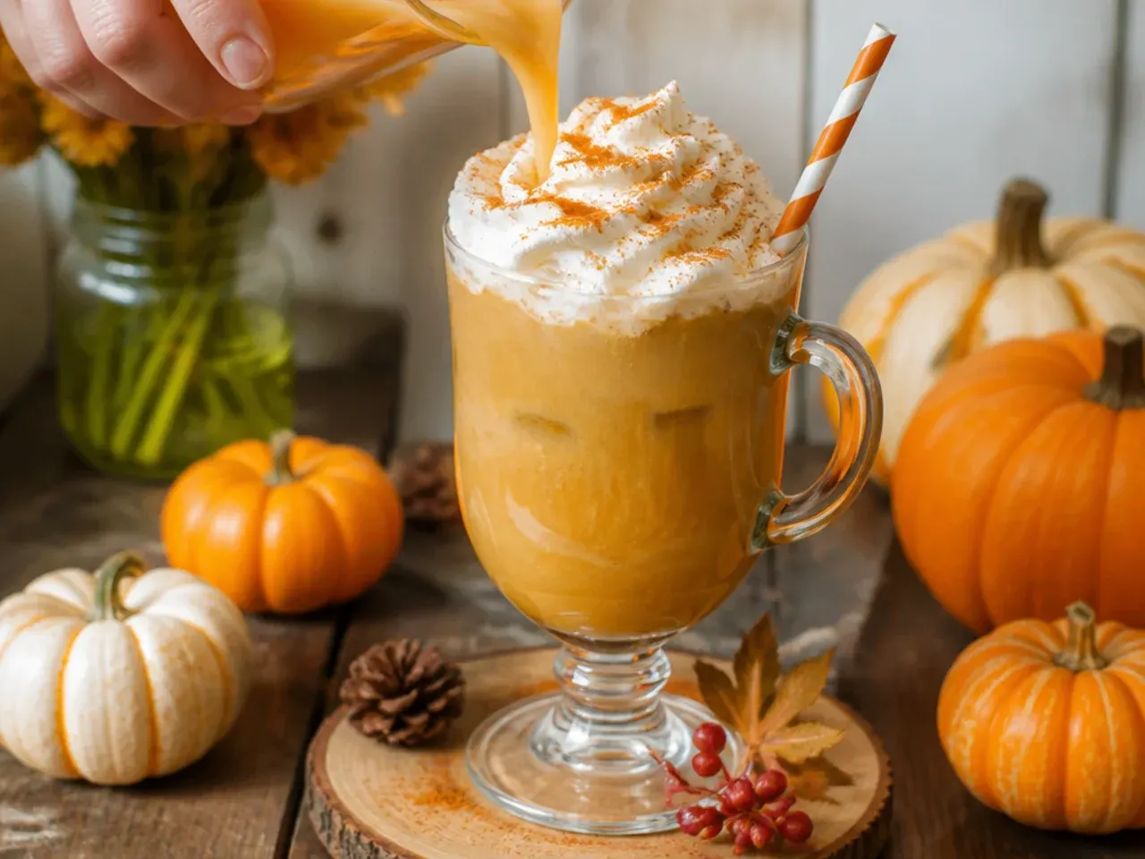 Creamy pumpkin pie mocktail topped with whipped cream and a dusting of cinnamon