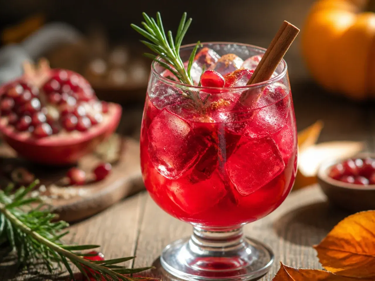 Refreshing pomegranate rosemary spritzer in a wine glass with a rosemary garnish