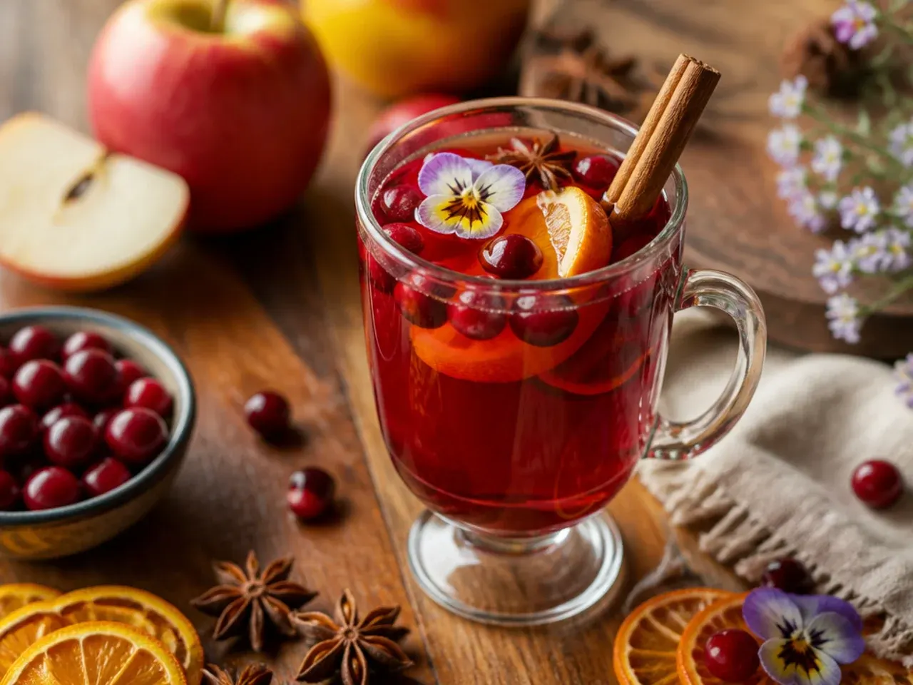 Mulled cranberry cider simmering in a pot with cinnamon sticks and orange slices