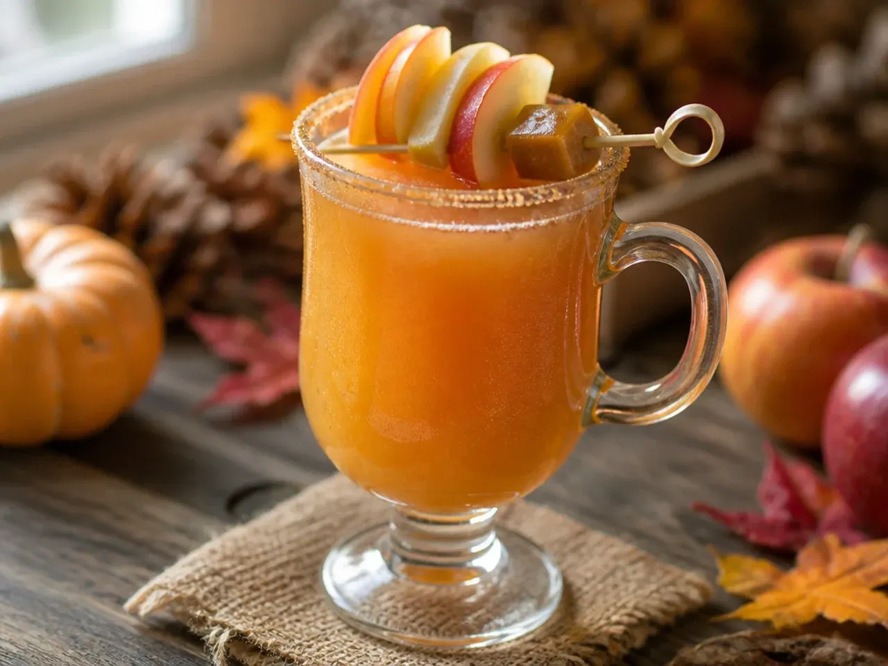 Sweet caramel apple mocktail with caramel drizzle in a glass