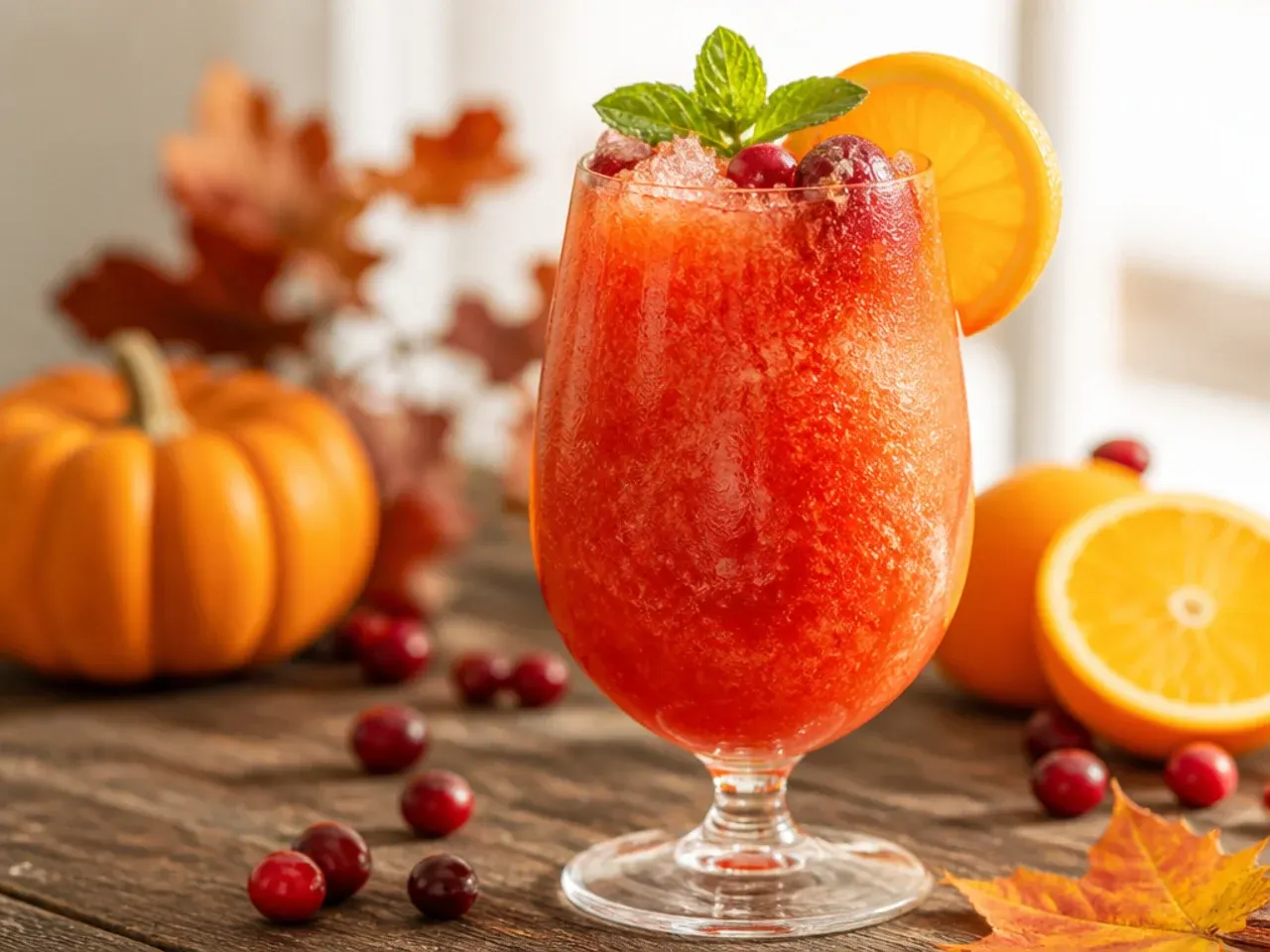 Frozen cranberry orange slush mocktail in a glass with a wide straw