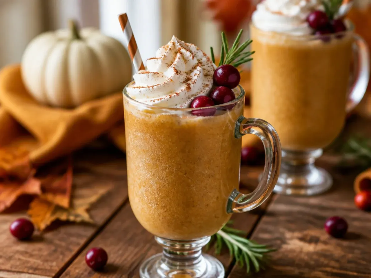 Blended pumpkin spice mocktail with a cinnamon dusting on top