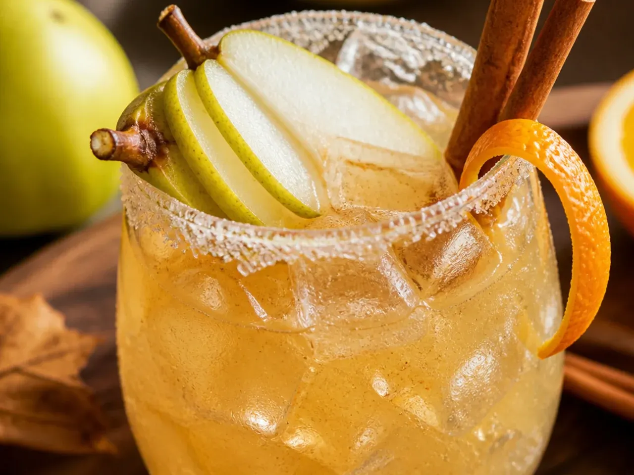 Spiced pear and cinnamon fizz mocktail with pear slices in a glass