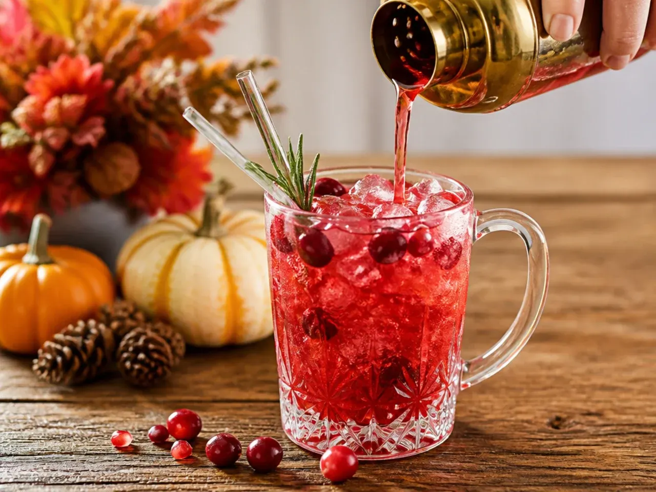 Festive cranberry pomegranate punch in a large bowl with a garnished ice ring
