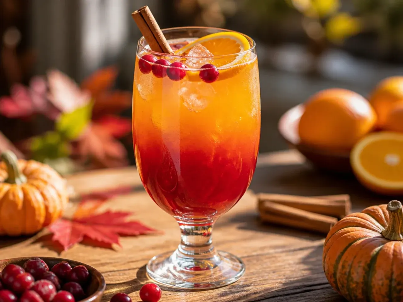 Layered cranberry orange sunrise mocktail showing a red-to-orange gradient