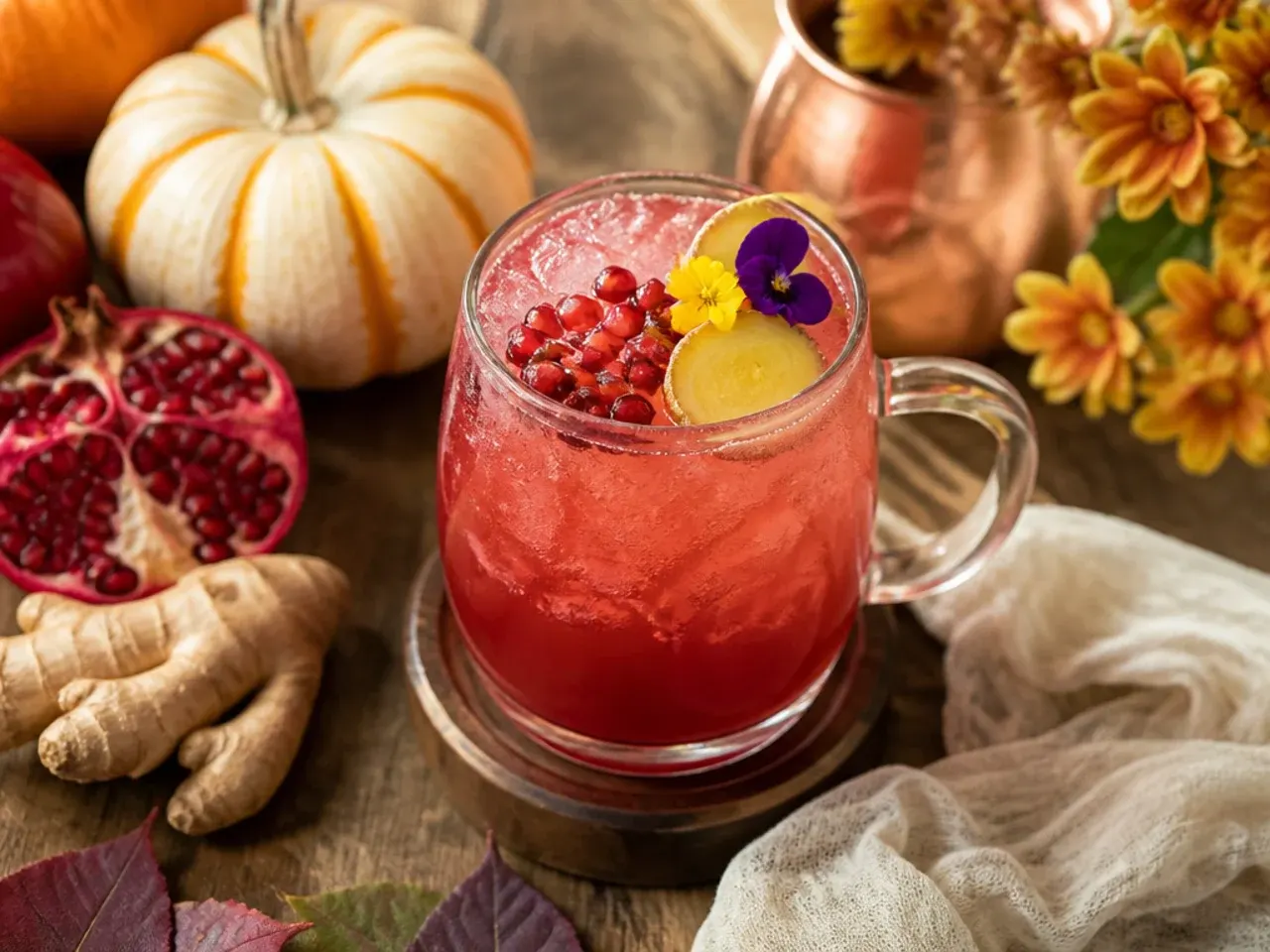 Bold ginger pomegranate mule mocktail in a copper mug with lime garnish