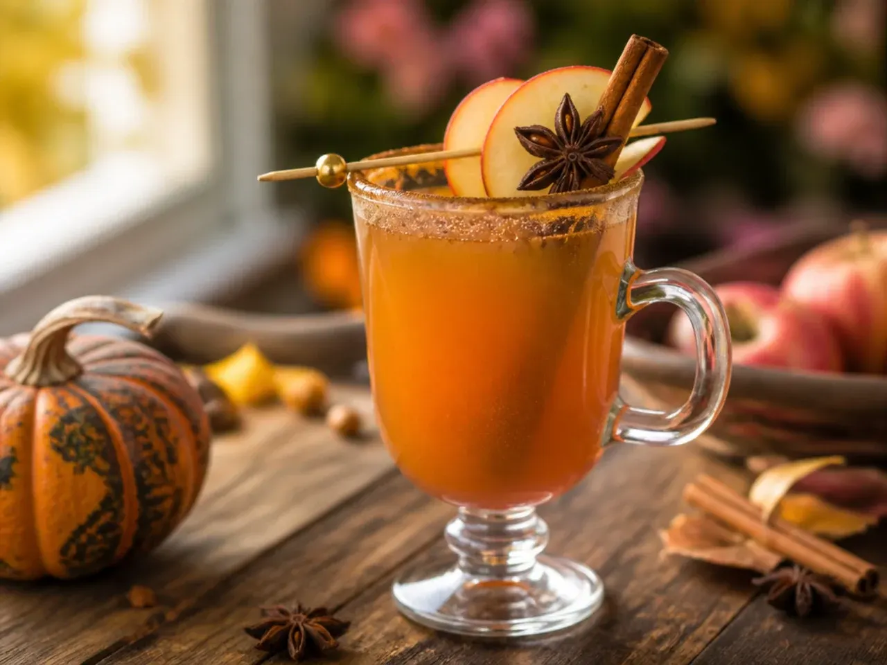 Smooth vanilla chai apple mocktail in a mug with a cinnamon stick