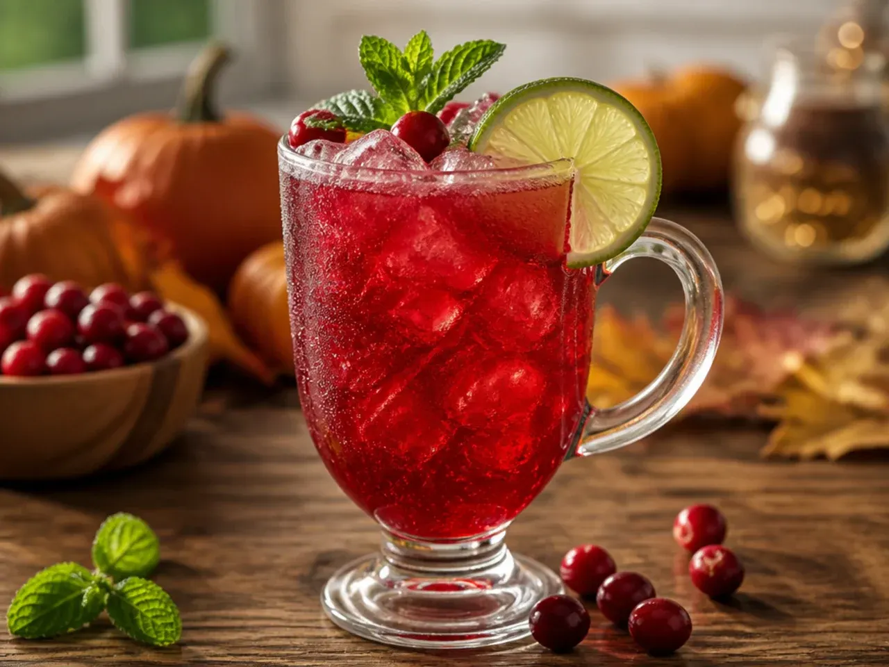 Iced cranberry lime cooler with mint garnish in a tall glass