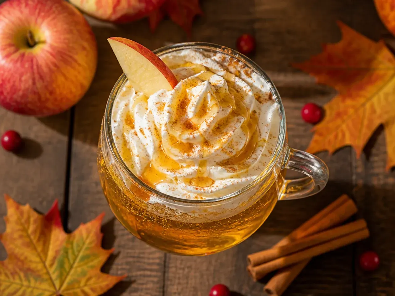 Classic sparkling apple cider toast in champagne flutes with floating cranberries