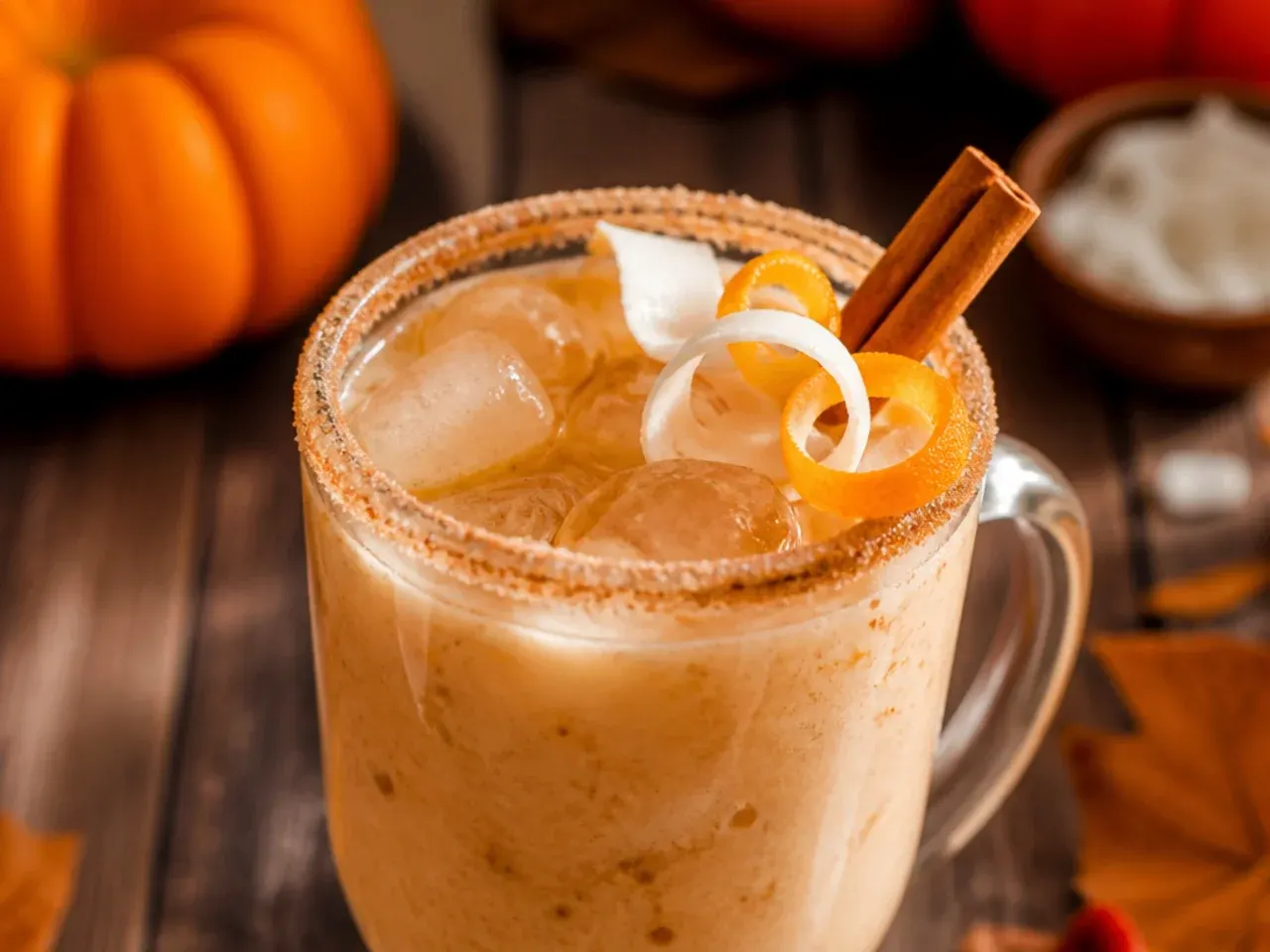 Creamy coconut pumpkin mocktail in a glass with a sprinkle of pumpkin spice