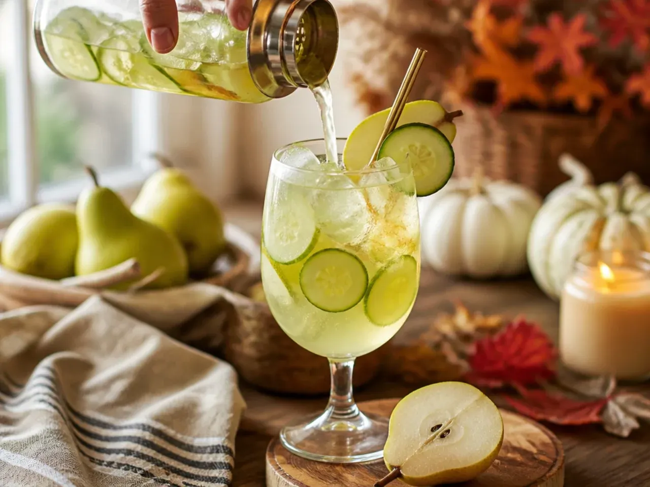Refreshing cucumber pear spritzer with thin cucumber slices in a glass