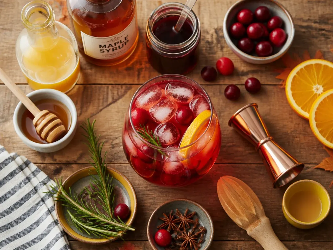 Close-up of hands preparing thanksgiving mocktail drinks with fresh garnishes