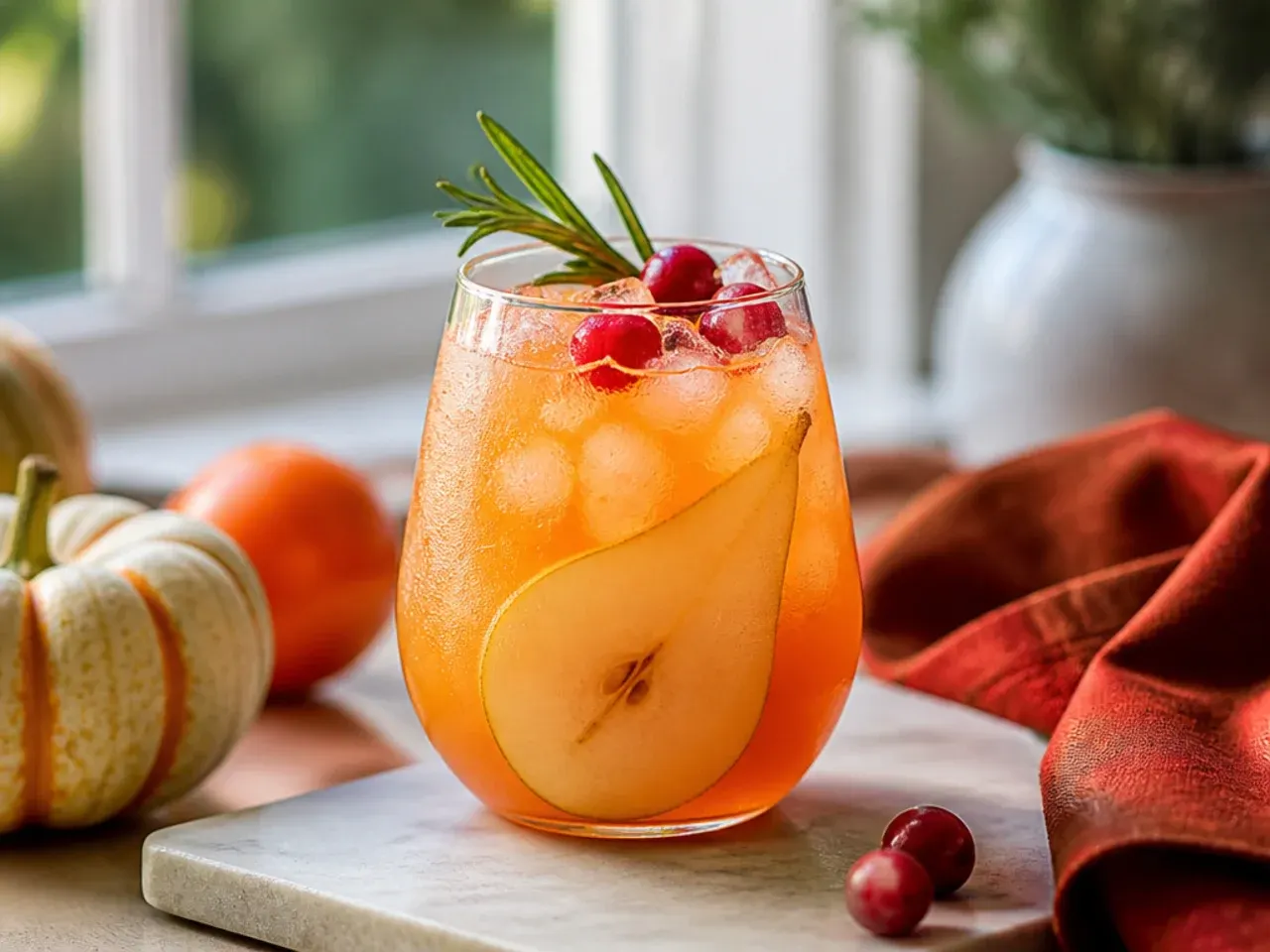 A garnish tray with cranberries, cinnamon sticks and citrus slices for thanksgiving mocktails